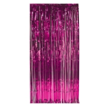 Door curtain made of cerise metallic material strands.