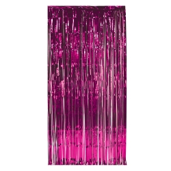 Door curtain made of cerise metallic material strands.