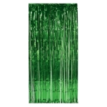 Doorway curtain made of green metallic strands.