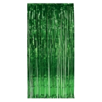 Doorway curtain made of green metallic strands.