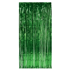 Doorway curtain made of green metallic strands.