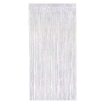 Doorway curtain made of metallic opalescent strands.