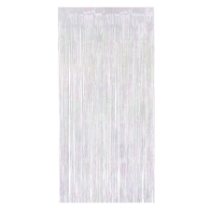 Doorway curtain made of metallic opalescent strands.