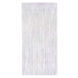 Doorway curtain made of metallic opalescent strands.