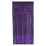 Door entrance curtain made of metallic purple strands.
