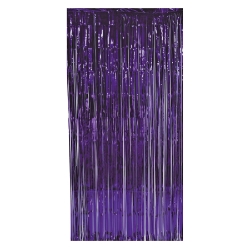 Door entrance curtain made of metallic purple strands.