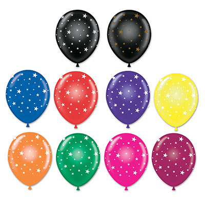 Assorted colored balloons with various sized imprinted stars.