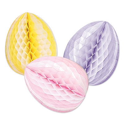 Tissue material shaped eggs in pink, purple and yellow.