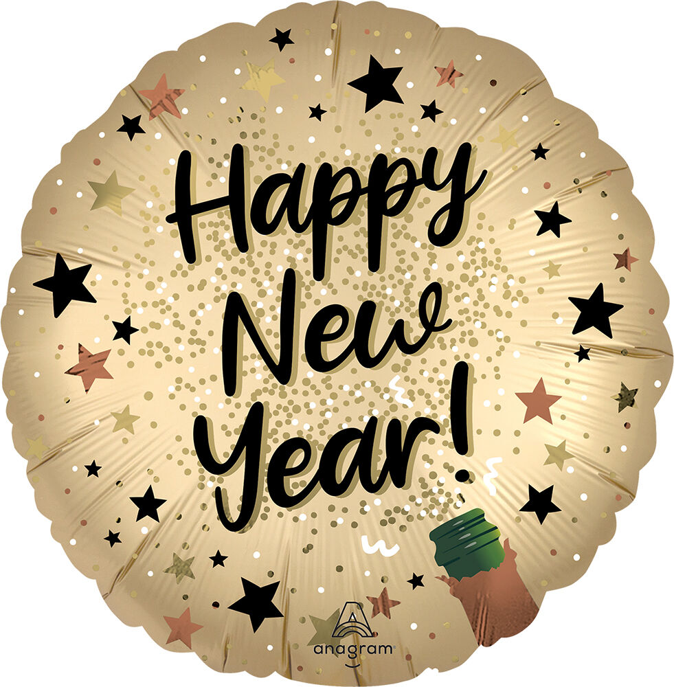 18" Satin Natural Sparkle HNY Foil Balloon (Pk of 10) 18 inch Satin Natural Sparkle Happy New Year Balloon, Happy New Year balloons, New Years Eve balloons, satin finish foil balloons, NYE party decorations, New Years balloon bouquet, holiday party balloons, countdown celebration decorations, corporate event balloons, hotel New Years décor, restaurant holiday decorations, foil Happy New Year balloons, pack of 10 balloons, Party Express