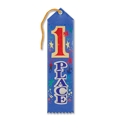 1st Place Award Blue Ribbon with printed red #1 and star decorations
