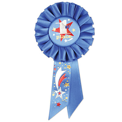 1st Place Blue Rosette with silver, gold and red metallic lettering and designs 