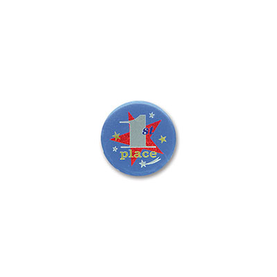 1st Place Satin Blue Button with a red star and a bold silver #1  