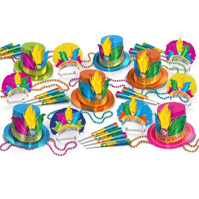 Rio Assortment New Years Eve Party Kit for 50 Rio Assortment New Years Eve Party Kit for 50, 2021, bright color, cerise, blue, green, orange, yellow, feathers, beads, jewels, new years eve, party kit, hat, tiara, horn, eyeglasses, wholesale, inexpensive, bulk, party favor