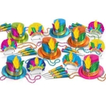Rio Assortment New Year's Eve Party Kit for 50 Rio Assortment New Year's Eve Party Kit for 50, 2021, bright color, cerise, blue, green, orange, yellow, feathers, beads, jewels, new year's eve, party kit, hat, tiara, horn, eyeglasses, wholesale, inexpensive, bulk, party favor