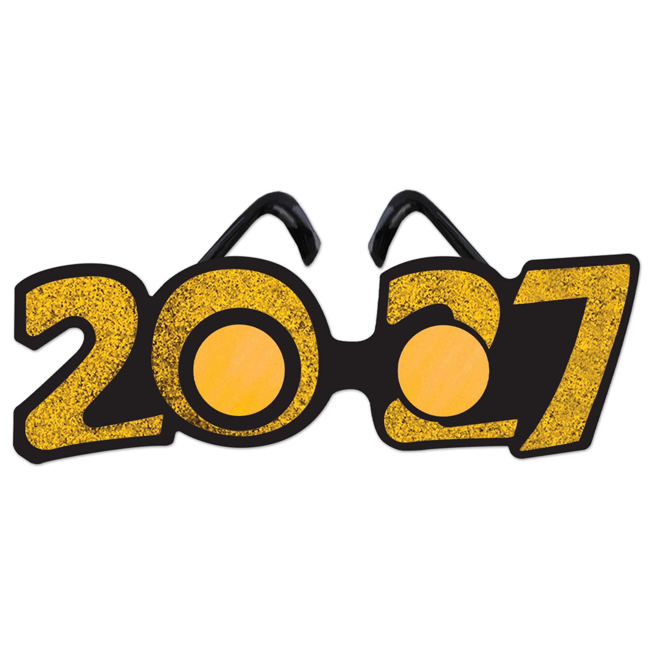 "2027" Gold Glittered Plastic Eyeglasses (Pack of 12) 2027 gold glitter glasses, gold New Year’s eyeglasses, glittered 2027 glasses, black frame novelty glasses, New Year’s party favors, 2027 celebration accessories, gold glitter number glasses