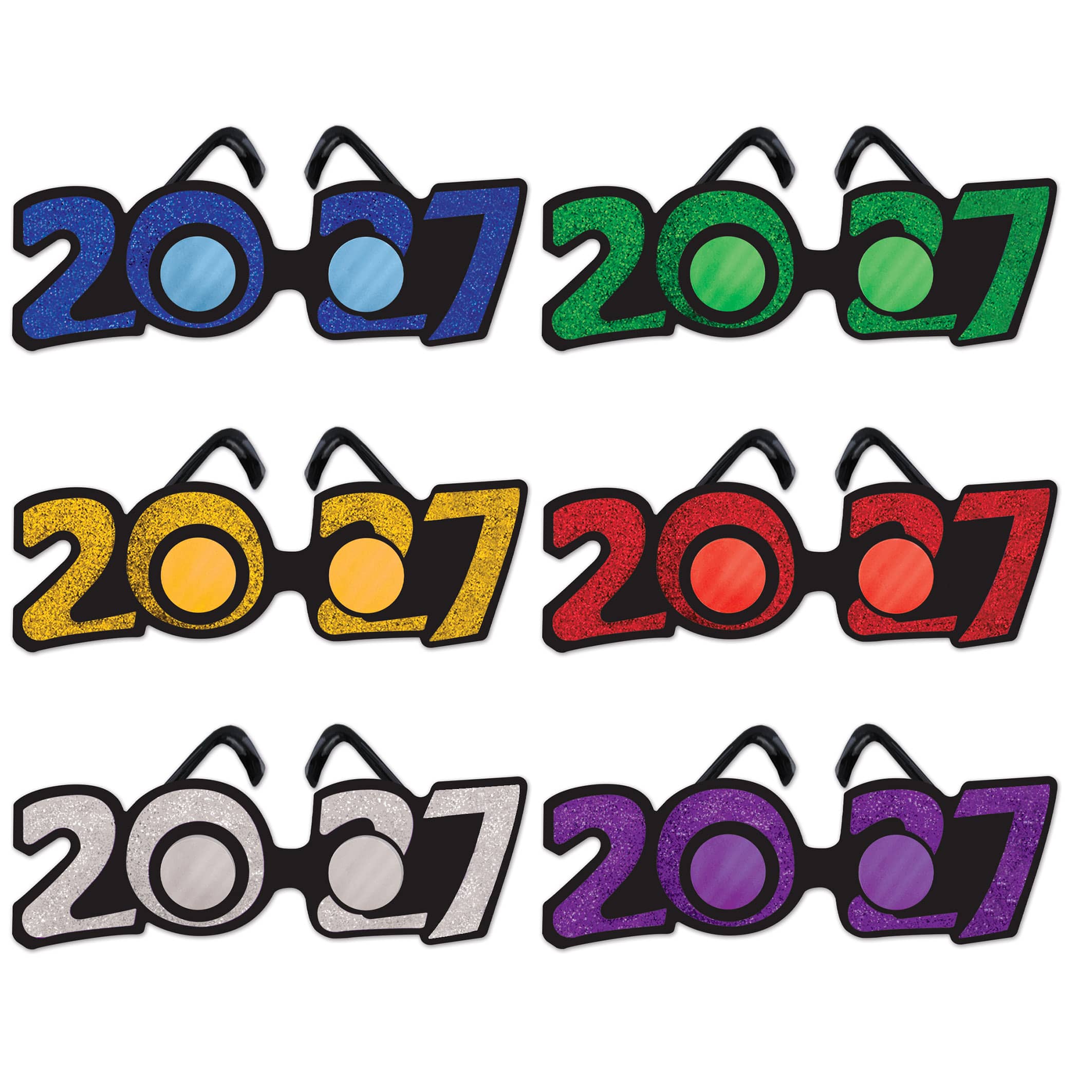 "2027" Multi-Color Glittered Plastic Eyeglasses (Pack of 12) 2027 glitter glasses, New Year’s eyeglasses, multi-color party glasses, glittered 2027 glasses, black frame novelty glasses, New Year’s party favors, 2027 celebration accessories, glitter number glasses