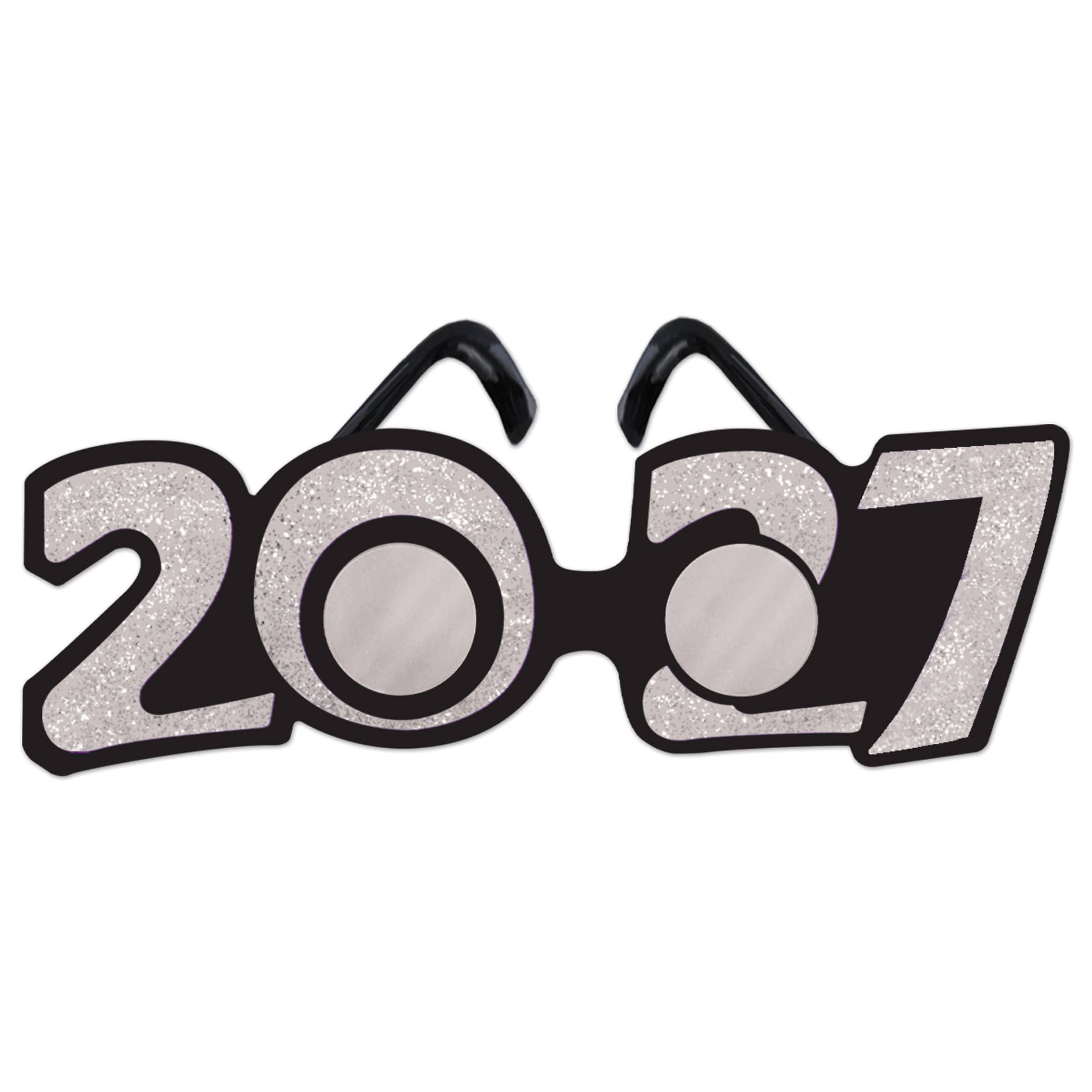 "2027" Silver Glittered Plastic Eyeglasses (Pack of 12) 2027 silver glitter glasses, silver New Year’s eyeglasses, glittered 2027 glasses, black frame novelty glasses, New Year’s party favors, 2027 celebration accessories, silver glitter number glasses