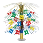 The 21 Cascade Centerpiece is made of assorted colored stands with "21" icons cascading down.