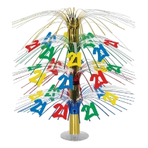 The 21 Cascade Centerpiece is made of assorted colored stands with "21" icons cascading down.