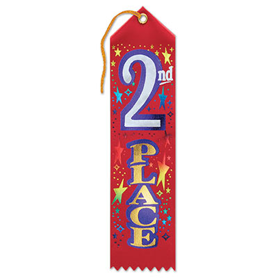 2nd Place Award Red Ribbon with bold lettering and Star designs