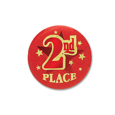 2nd Place Satin Red Button with Gold lettering and stars 