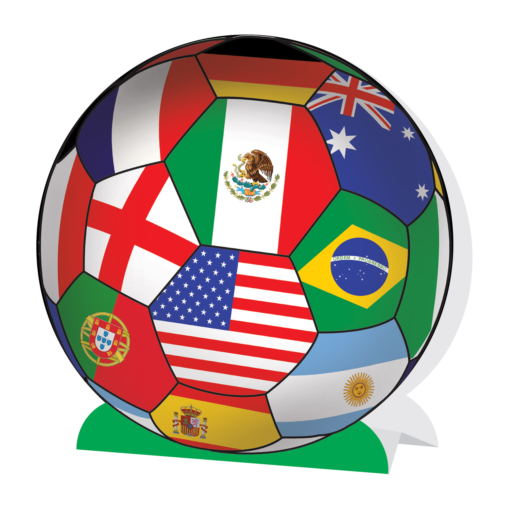 3-D Soccer Ball Centerpiece - International (Pack of 12) international centerpiece, world flag decorations, global party décor, multicultural centerpiece, 3-D centerpiece international, Printed Card Stock centerpiece, world flag soccer ball, international party supplies, soccer table decorations, Party Express international centerpiece