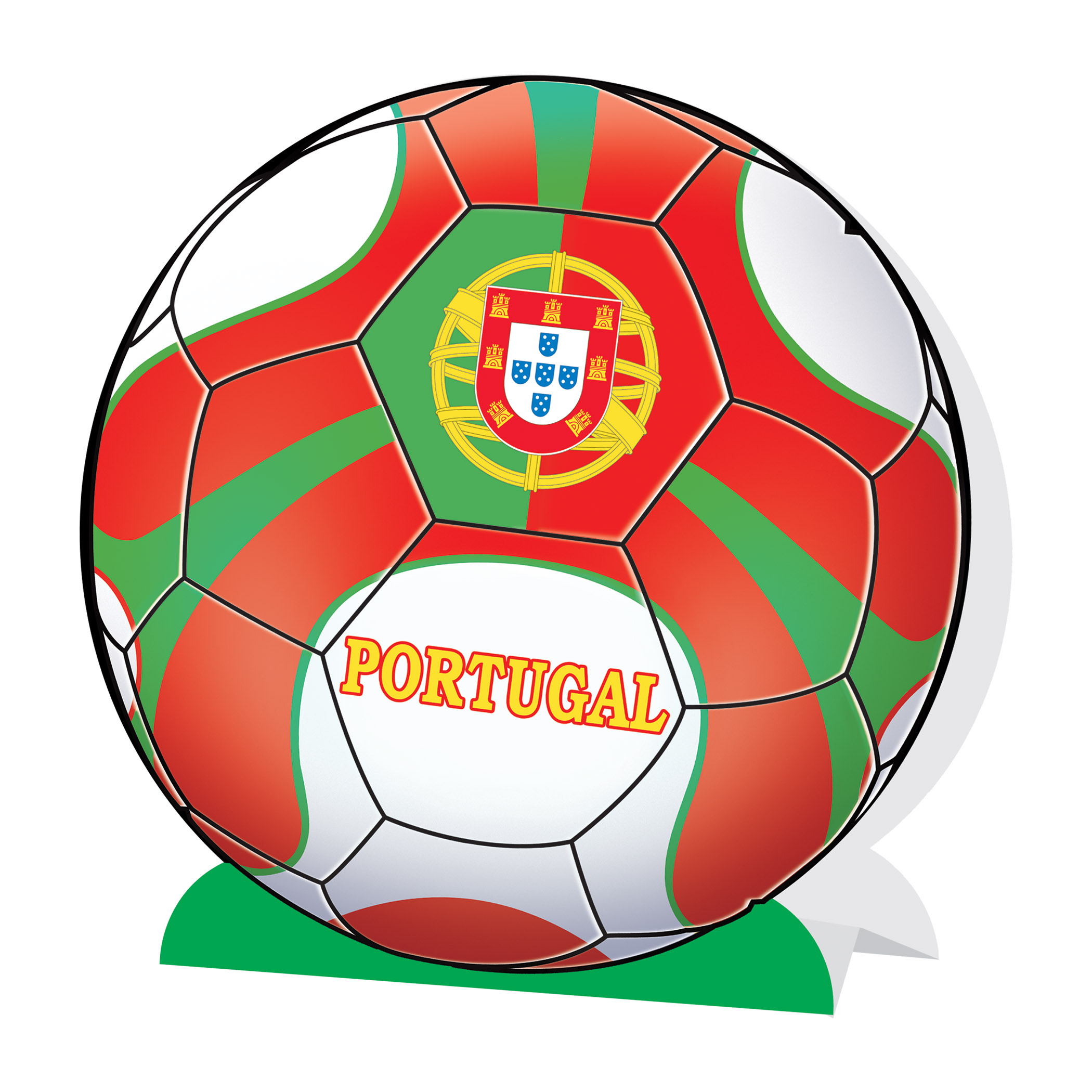 3-D Soccer Ball Centerpiece - Portugal (Pack of 12) Portugal centerpiece, Portuguese party décor, red green soccer centerpiece, coat of arms Portugal, armillary sphere decorations, five blue shields, seven castles emblem, 3-D centerpiece Portugal, Printed Card Stock centerpiece, Portugal party supplies, soccer table decorations, Party Express Portugal centerpiece