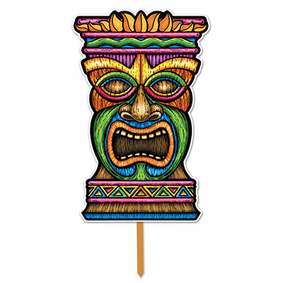 3-D Plastic Tiki Yard Sign printed in bright colors and attached to a wooden stick.
