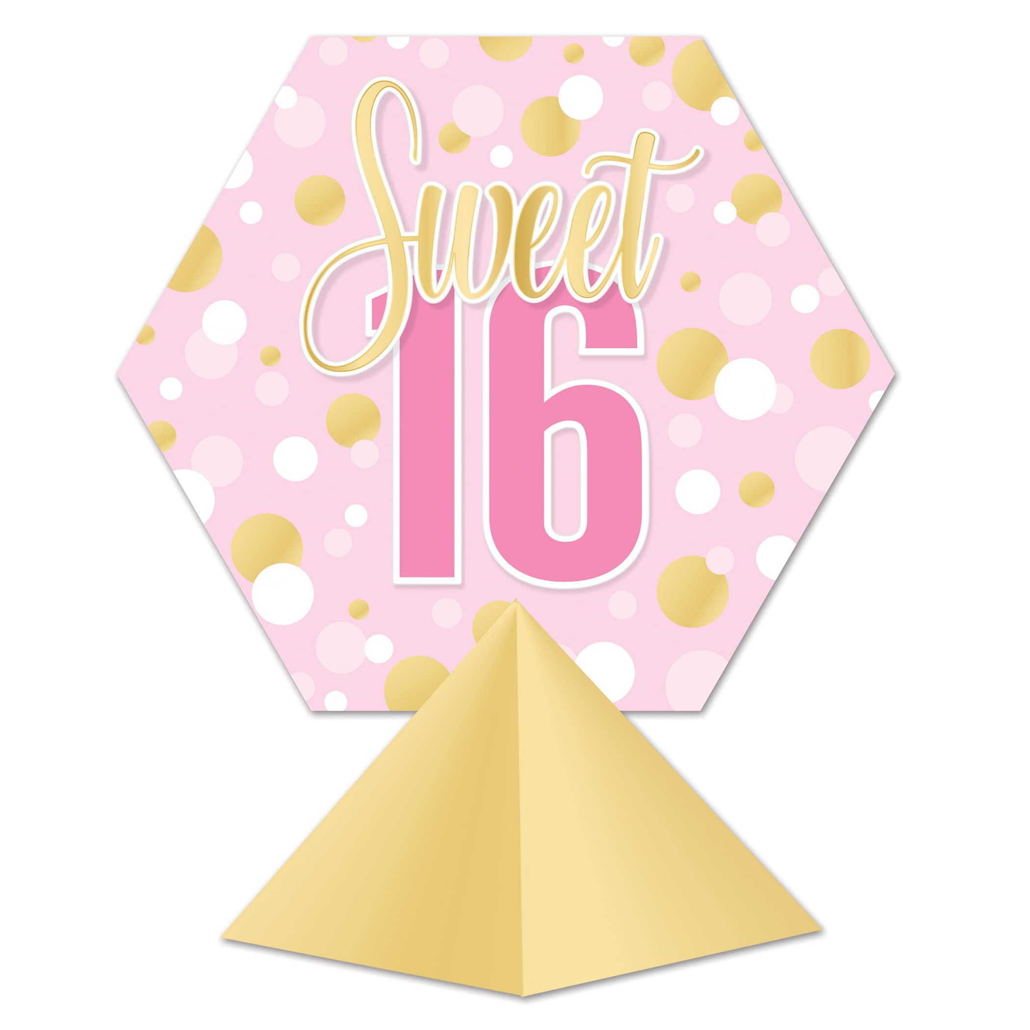 3-D Sweet 16 Centerpiece (Pack of 12) sweet 16 centerpiece, 3-D sweet sixteen décor, gold pink white party decorations, cardstock centerpiece, sweet 16 table décor, milestone birthday decorations, party centerpieces, Party Express sweet 16 supplies