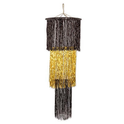 The 3-Tier Shimmering Chandelier is made of metallic black and gold material.