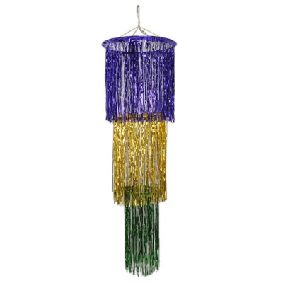 The 3-Tier Shimmering Chandelier is made of metallic gold, green and purple material.