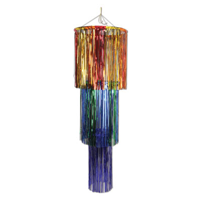 The 3-Tier Shimmering Chandelier is made of metallic multi-color material.