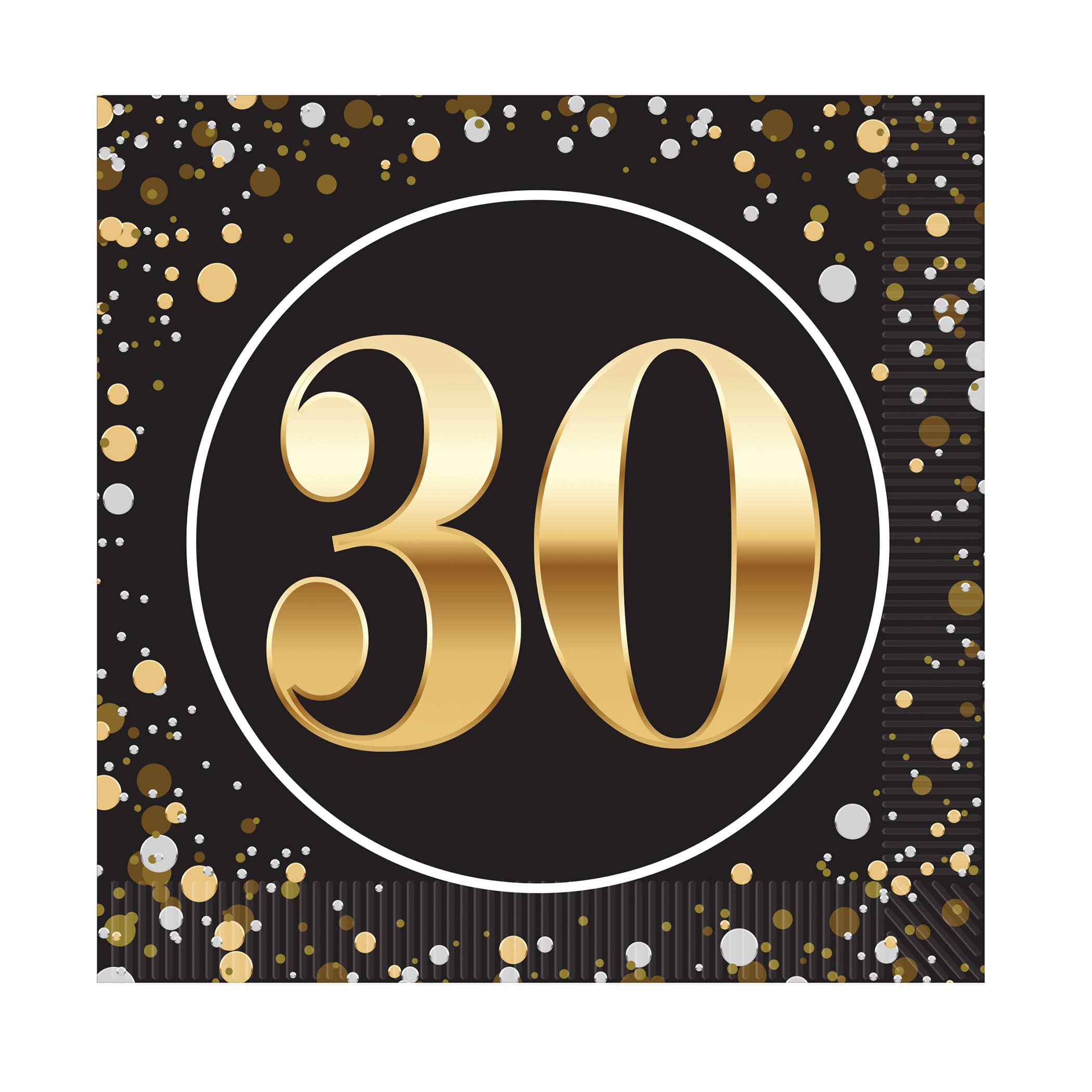 "30" Luncheon Napkins (Pack of 192) luncheon napkins, 2-ply napkins, black gold silver napkins, 6.5 inch napkins, quarter fold napkins, party tableware, elegant party supplies, metallic luncheon napkins, Party Express napkins