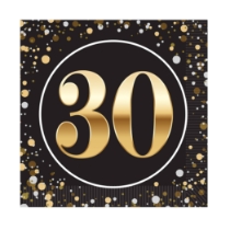 "30" Luncheon Napkins (Pack of 192) luncheon napkins, 2-ply napkins, black gold silver napkins, 6.5 inch napkins, quarter fold napkins, party tableware, elegant party supplies, metallic luncheon napkins, Party Express napkins