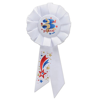 3rd Place White Rosette with red, gold and blue lettering and shooting star design