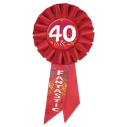 40 & Fantastic Red Rosette with silver lettering and multi colored swirl designs 