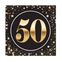 "50" Luncheon Napkins (Pack of 192) luncheon napkins, 2-ply napkins, black gold silver napkins, 6.5 inch napkins, quarter fold napkins, party tableware, elegant party supplies, metallic luncheon napkins, Party Express napkins