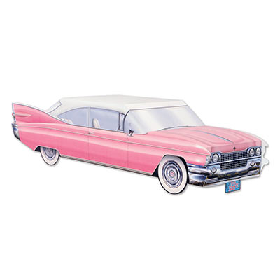 The 50s Cruisin Car Centerpiece in 3-D is pink in color made of card stock material.