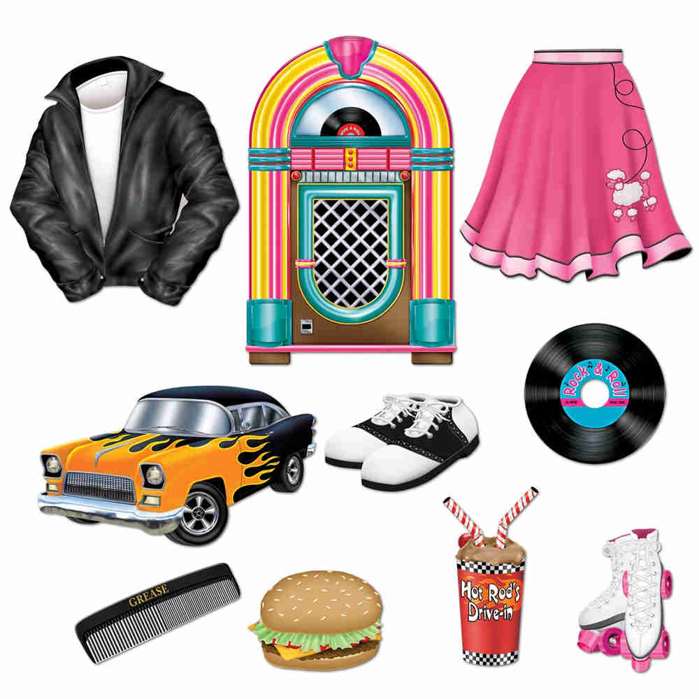 Cutouts to replicate items from the 50's such as a jukebox, redcord, poodle skirt and more.