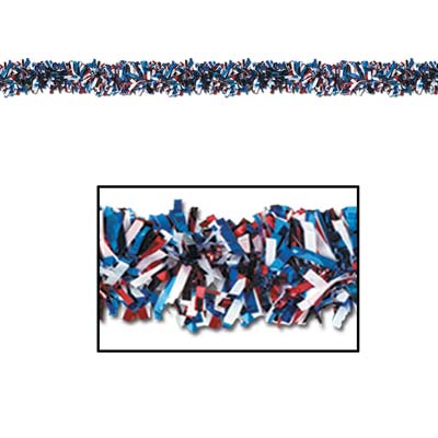 Blue, red, and white metallic festooning garland used for decoration.
