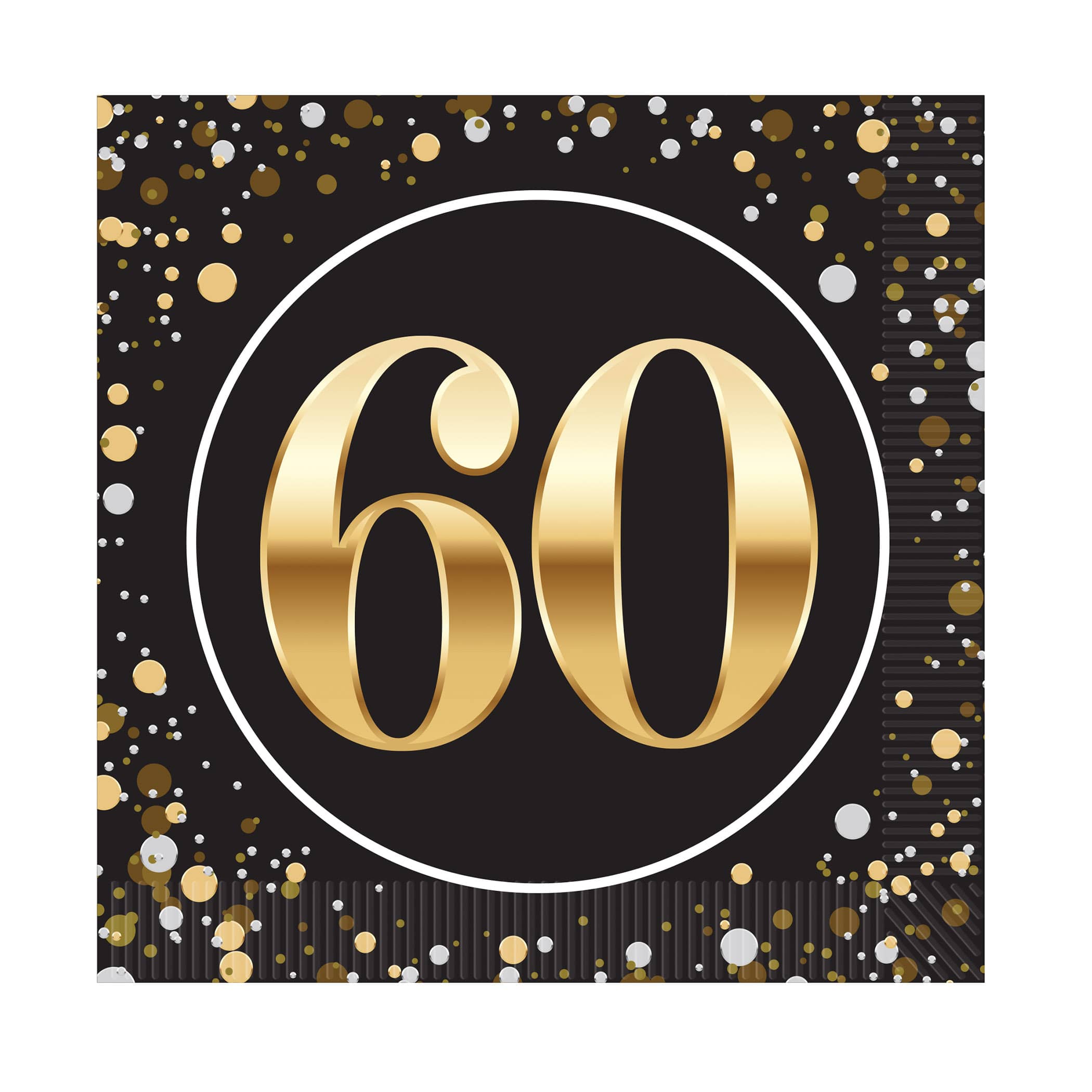 "60" Luncheon Napkins (Pack of 192) luncheon napkins, 2-ply napkins, black gold silver napkins, 6.5 inch napkins, quarter fold napkins, party tableware, elegant party supplies, metallic luncheon napkins, Party Express napkins