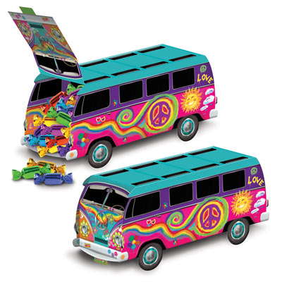 The 60's Bus Centerpiece replicates a Volkswagen that's printed with bright colors.