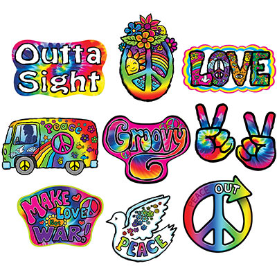 Cutouts for the 1960's of bright colors, peace signs, Volkswagen, and more.