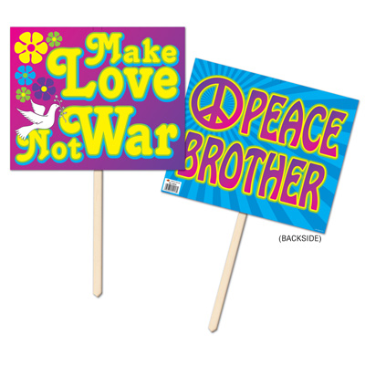 60s Yard Sign with bright colors and wording of "Make Love Not War" and "Peace Brother".