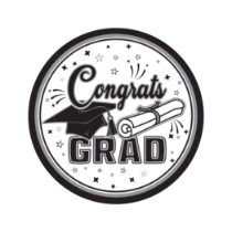 7" Black Congrats Grad Plates (Pack of 216) black graduation plates, 7 inch grad plates, congrats grad plates, black party plates, graduation tableware, dessert plates, Party Express graduation supplies