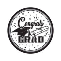 7" Black Congrats Grad Plates (Pack of 216) black graduation plates, 7 inch grad plates, congrats grad plates, black party plates, graduation tableware, dessert plates, Party Express graduation supplies