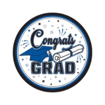 7" Blue Congrats Grad Plates (Pack of 216) blue graduation plates, 7 inch grad plates, congrats grad plates, blue party plates, graduation tableware, dessert plates, Party Express graduation supplies