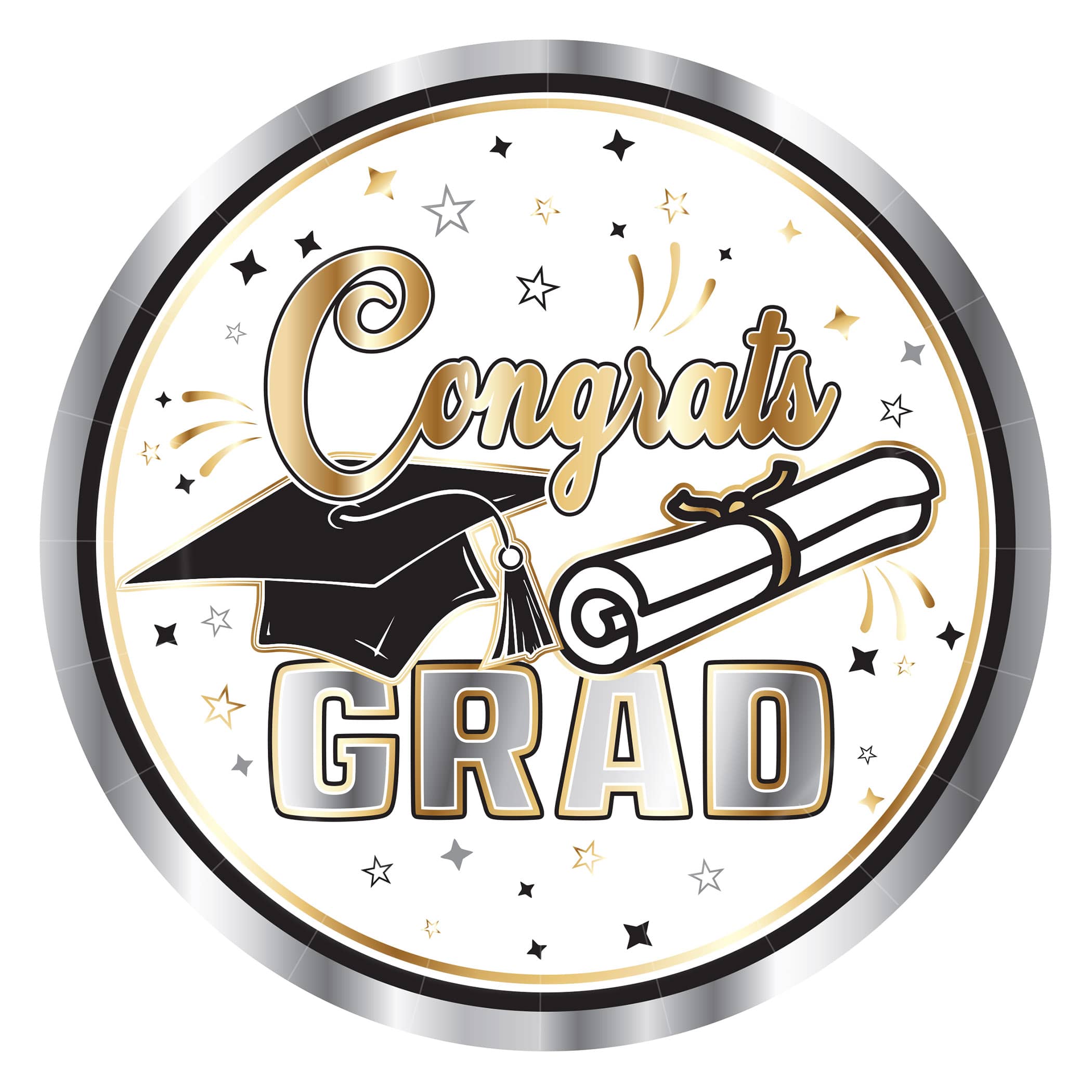 7" Graduation Plates (Pack of 96) 7 inch graduation plates, black gold silver grad plates, sturdy paper graduation plates, disposable grad party plates, graduation tableware, Party Express graduation plates, bulk graduation plates