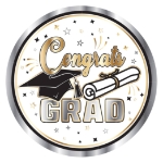 7" Graduation Plates (Pack of 96) 7 inch graduation plates, black gold silver grad plates, sturdy paper graduation plates, disposable grad party plates, graduation tableware, Party Express graduation plates, bulk graduation plates