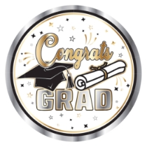 7" Graduation Plates (Pack of 96) 7 inch graduation plates, black gold silver grad plates, sturdy paper graduation plates, disposable grad party plates, graduation tableware, Party Express graduation plates, bulk graduation plates